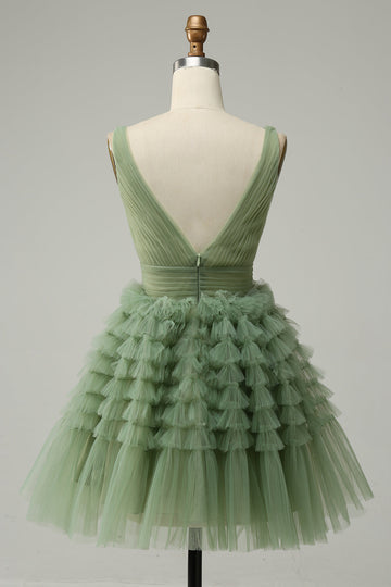 Vestido de Graduación Con Espalda Abierta Tul Verde Cuello en V